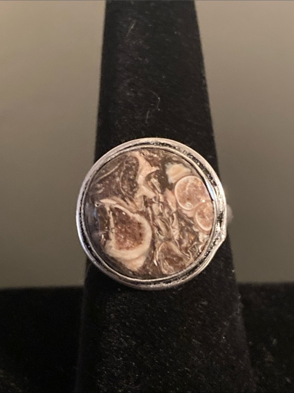 Round Brown Agate-Effect Silver Ring - Women's Jewelry size 8